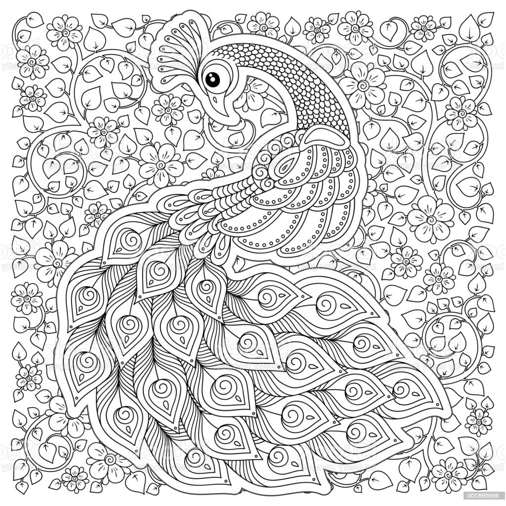 peacock in zen style adult anti stress coloring page gm