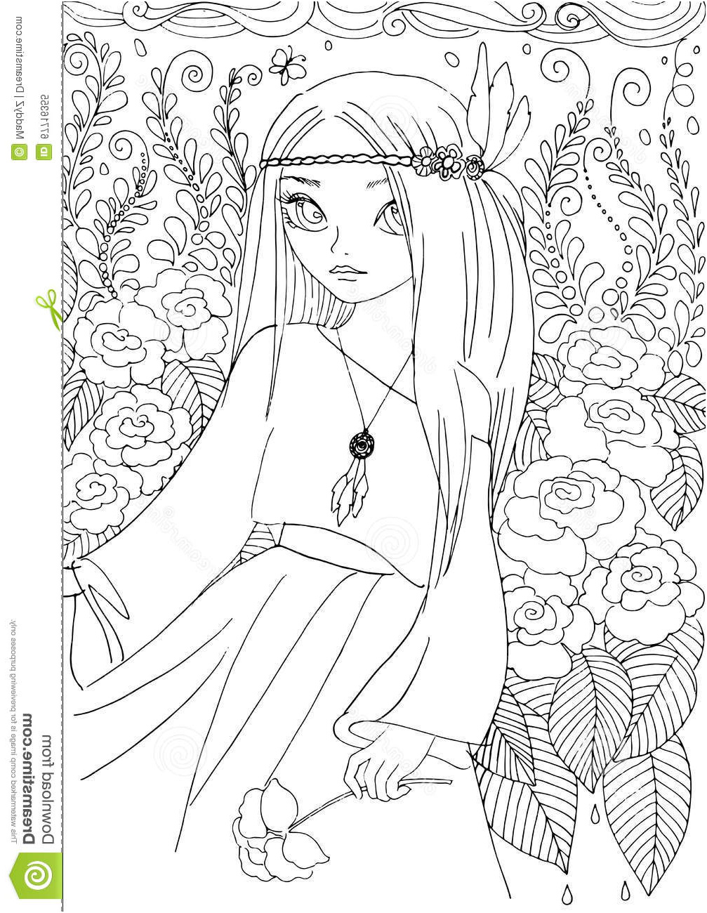 illustration stock livre de coloriage pour l adulte jeune fille dans le style de boho image