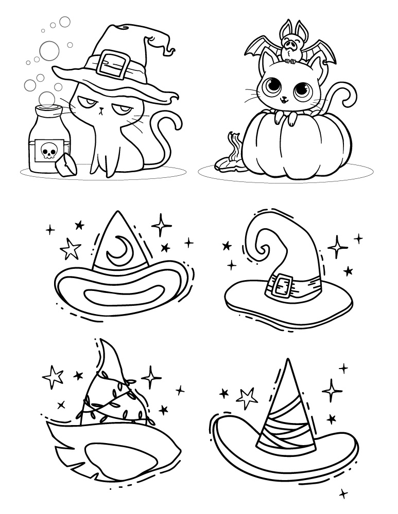chats et chapeau coloriage adulte pour halloween