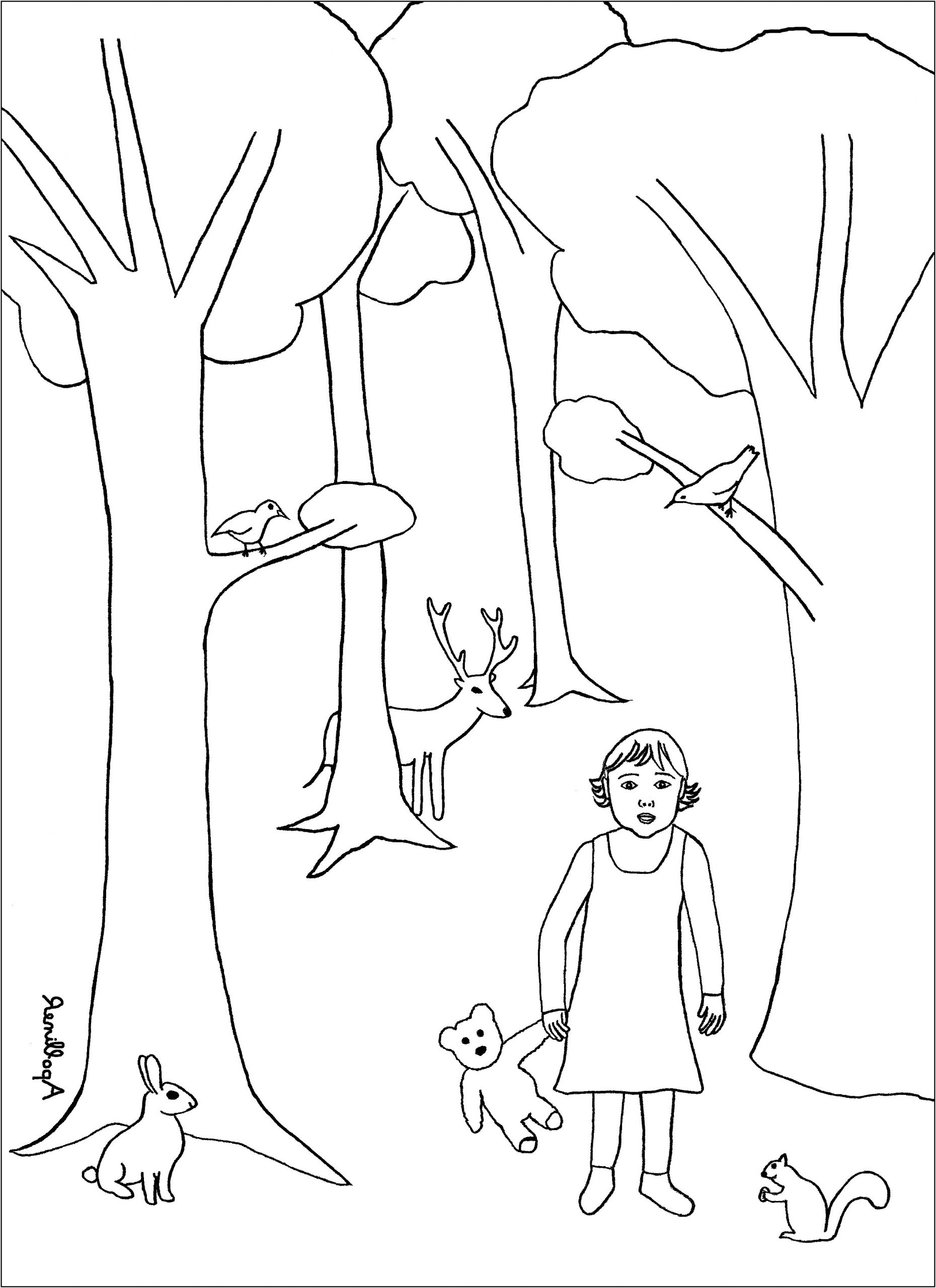 little girl forest coloring picture