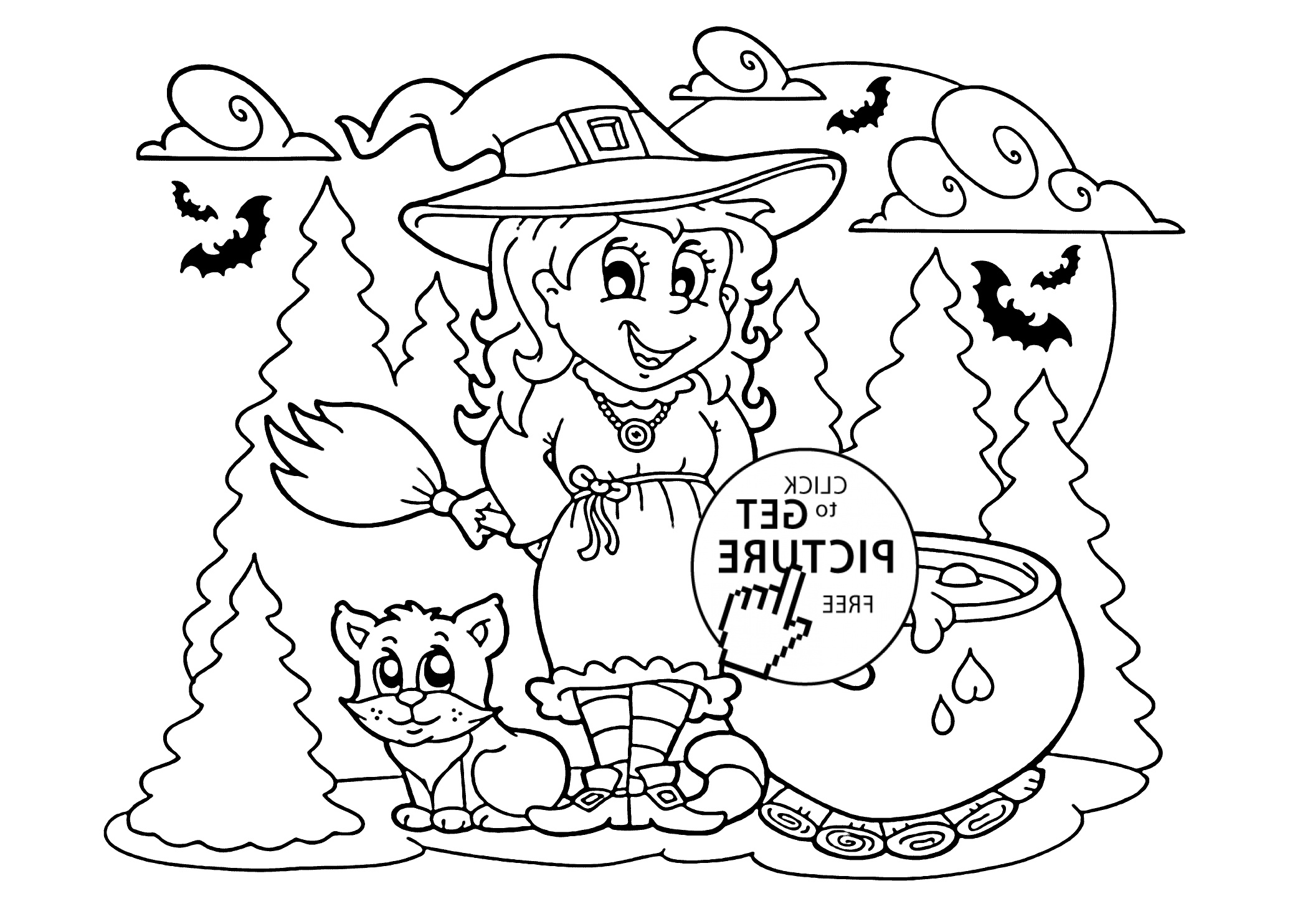 halloween witch and cat coloring page for kids printable free halloween for kids