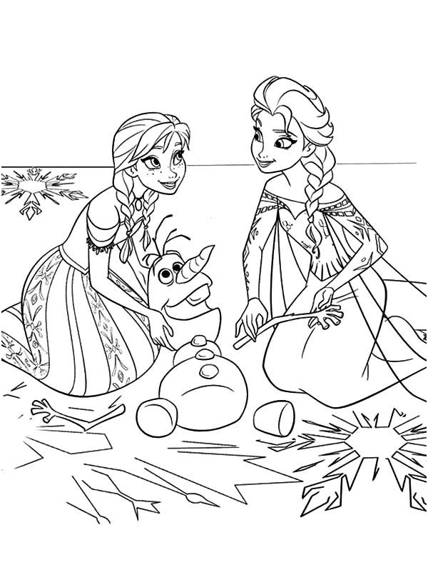 princess anna and queen elsa fix olaf the snowman coloring pages