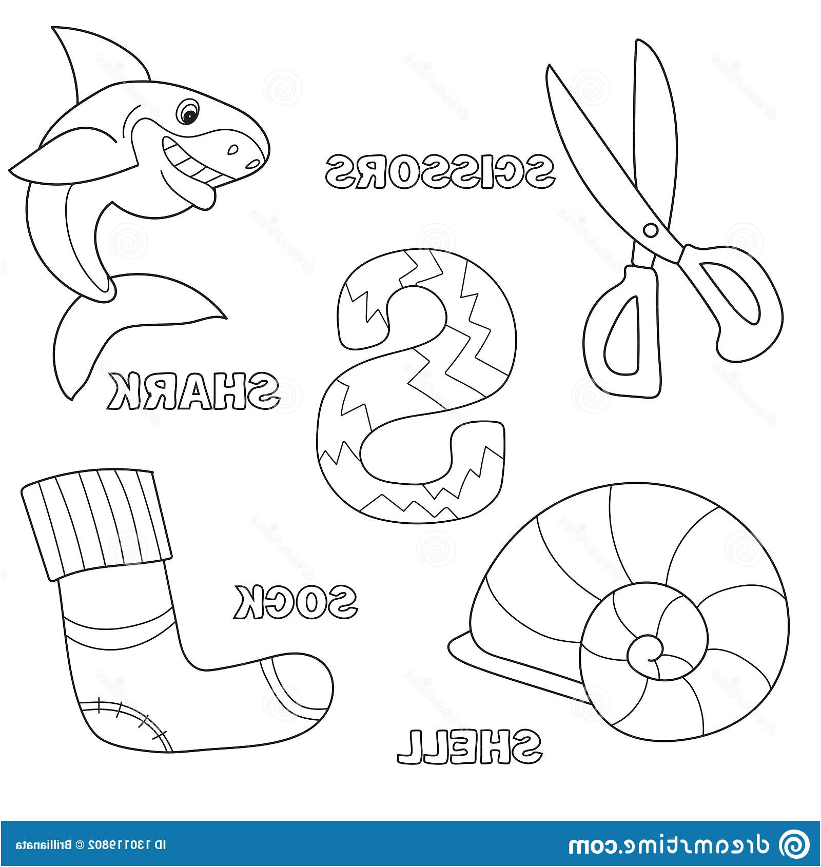 page livre coloriage d alphabet contour lettre s requin ciseaux chaussette coquille image