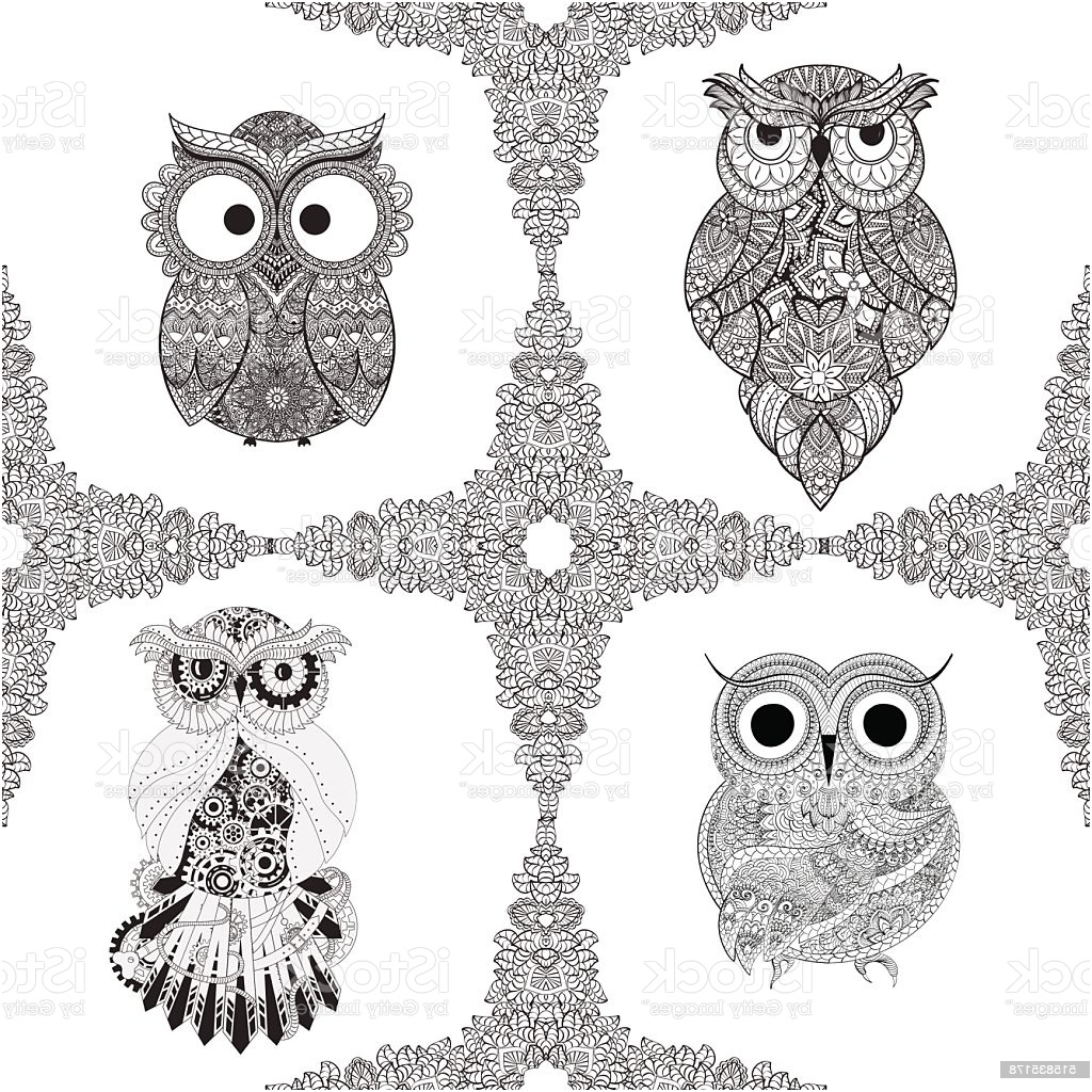 set of ornamental owls with mandala flowers and owl patterns gm