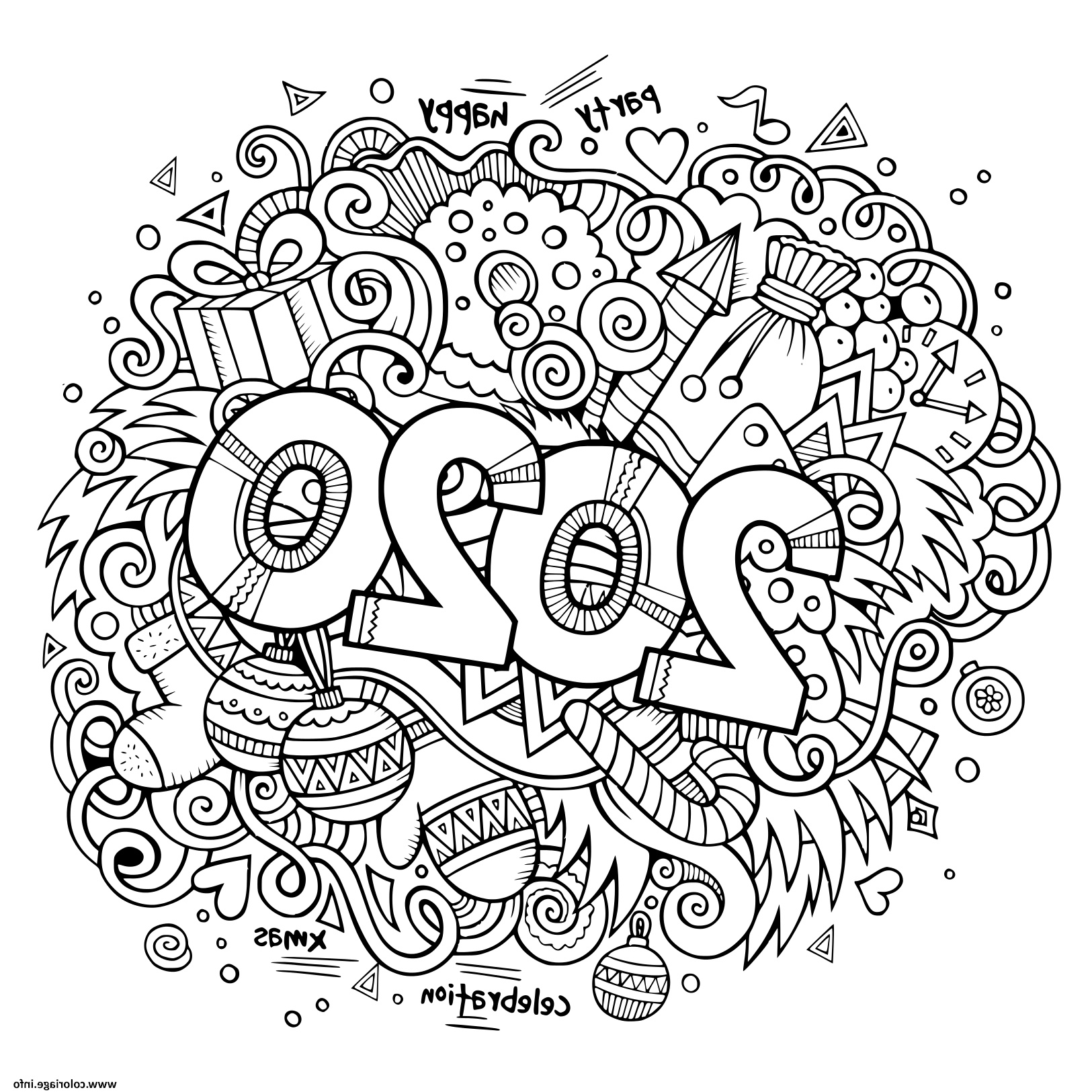 nouvel an 2020 doodles objects and elements poster design coloriage