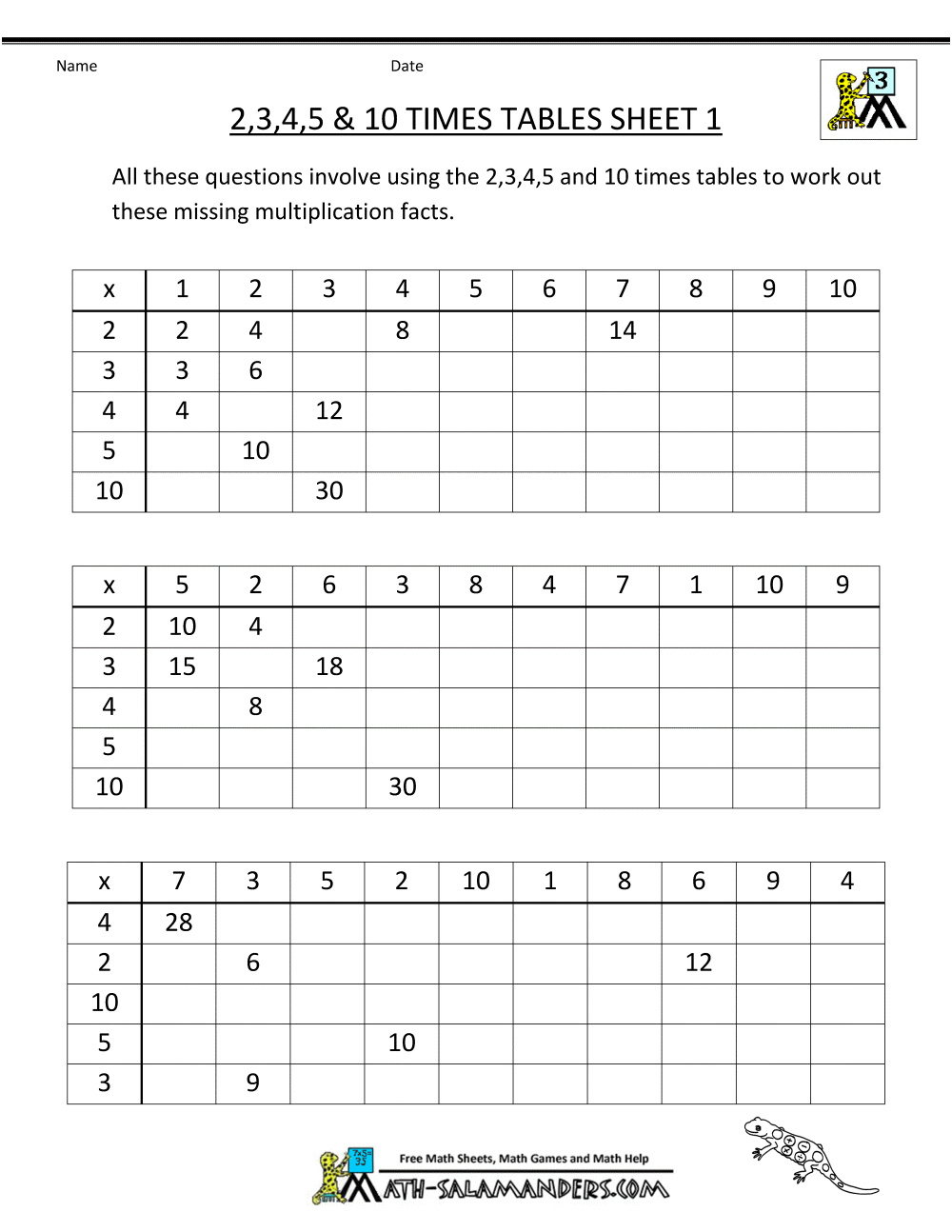 exercice de table de multiplication 2 3 4 5 6