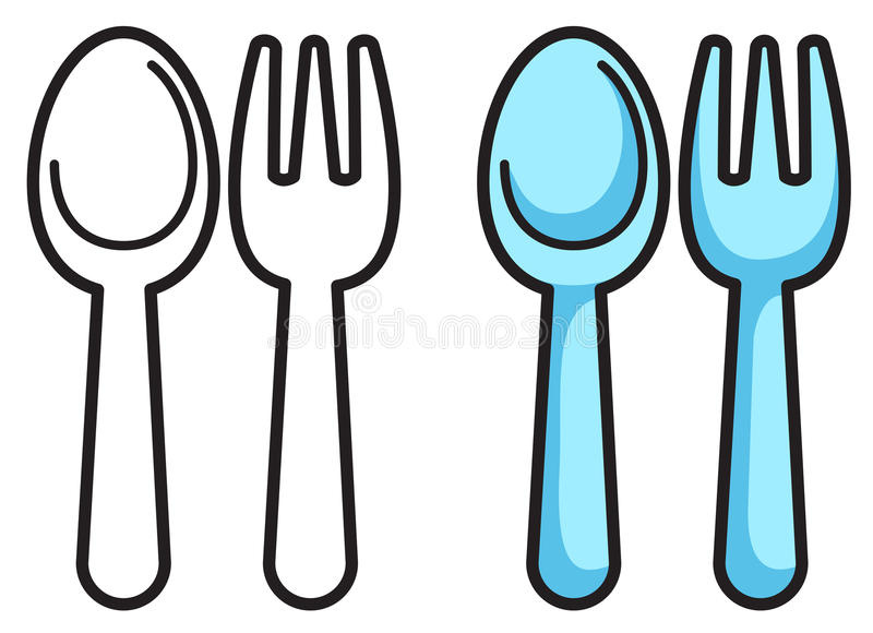 illustration stock fourchette et cuillère colorées et noires et blanches pour livre de coloriage image