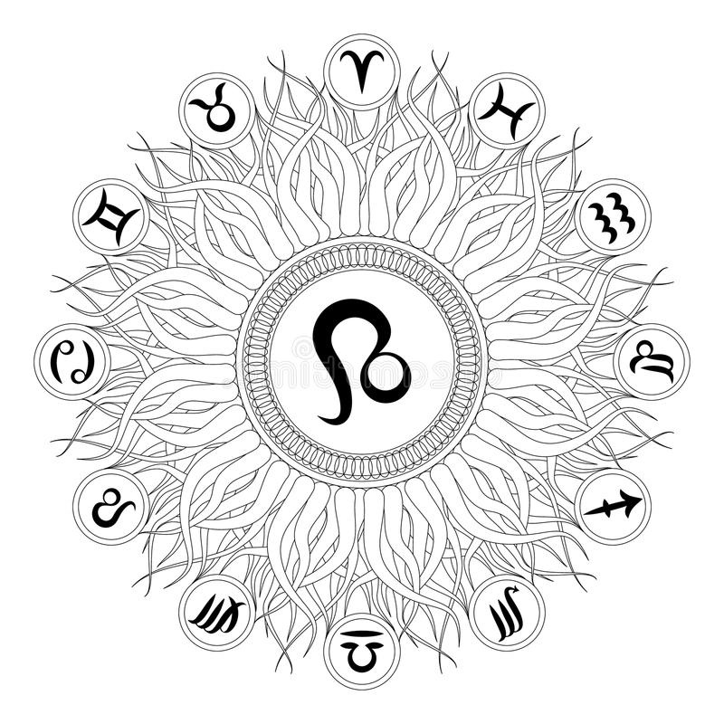 illustration stock mandala rond noir et blanc avec le symbole de zodiaque de lion livre de coloriage adulte image