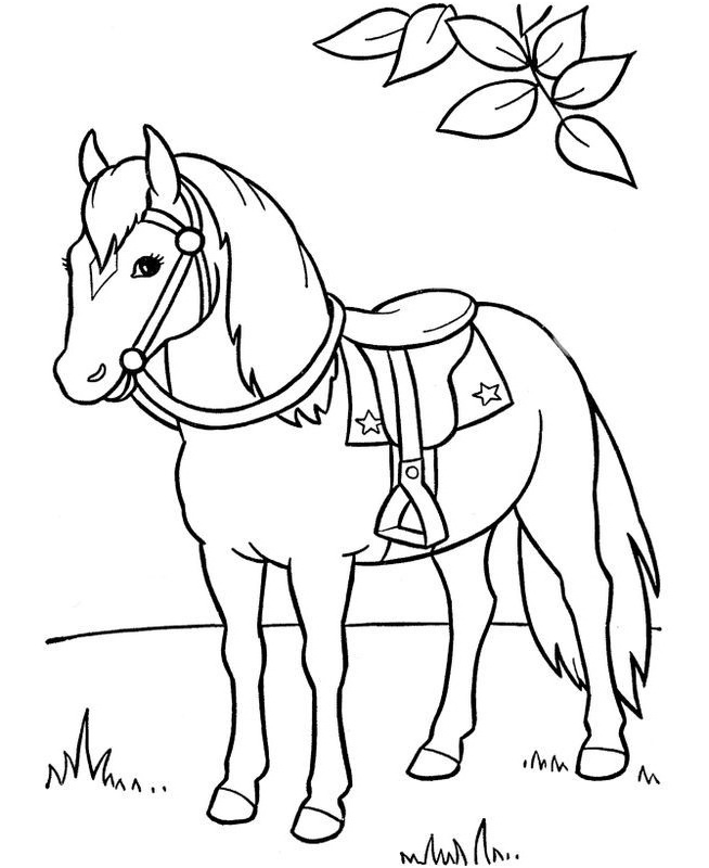 coloriage cheval facile beau photos coloriage de cheval dessin avec une selle sous un arbre