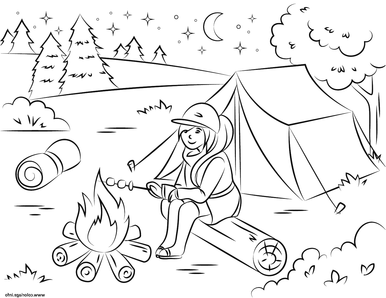 camping fille chauffe des guimauves ete vacance coloriage