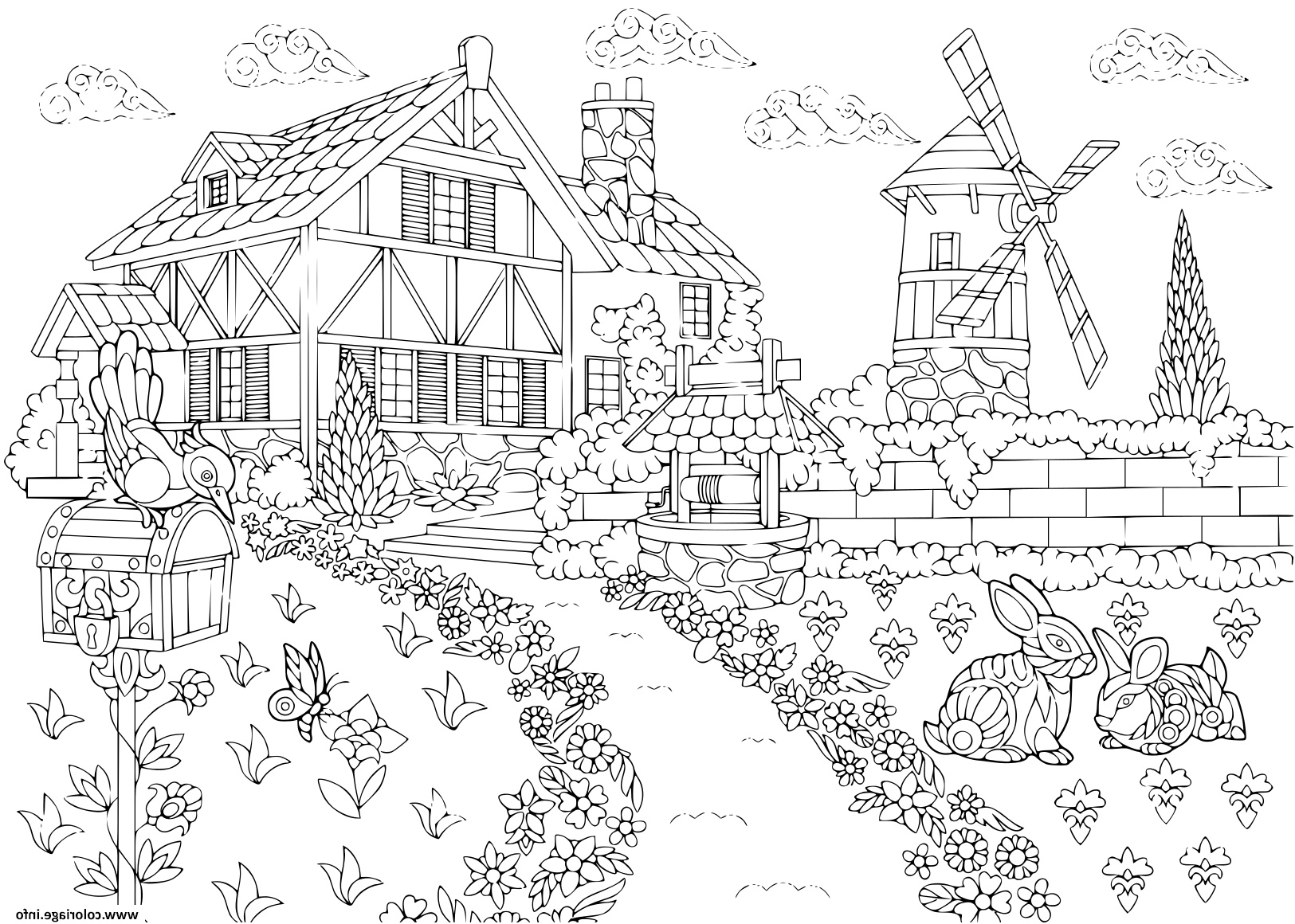 adulte paysage rural ferme moulin a vent puits d eau boite aux lettres lapins et oiseau pic cro coloriage
