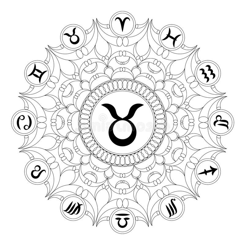 illustration stock mandala rond noir et blanc avec le symbole de zodiaque du taureau livre de coloriage adulte image