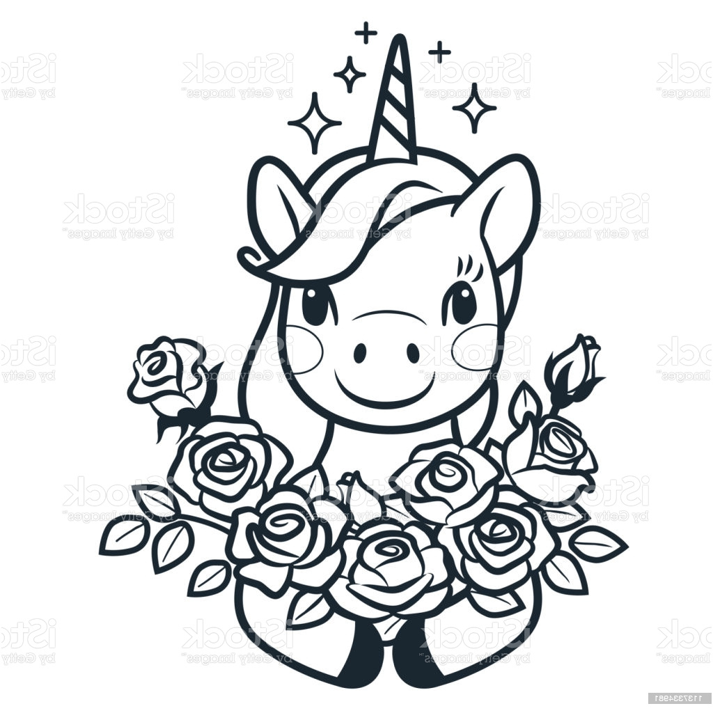 licorne mignonne avec des roses dessin animé simple vecteur coloriage page gm